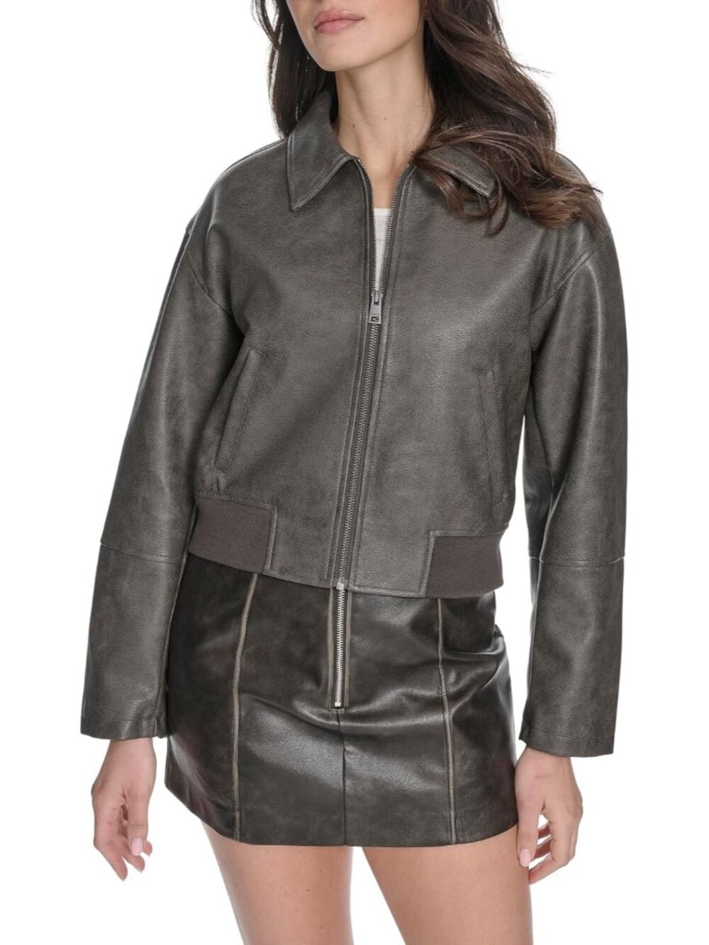 Women's Ash Stylish Faux Leather Laydown Collar Two Hidden-Zipper Bomber Jacket